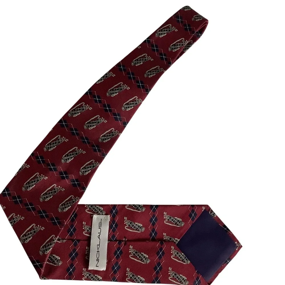 Nicklaus Mens Silk Tie Burgundy Argyle Golf Bag Pattern Made in USA Necktie